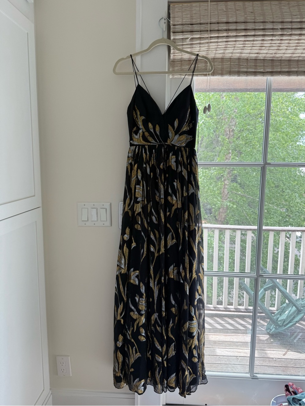Aidan Mattox Black Maxi Dress with Gold Leaf Embroidery